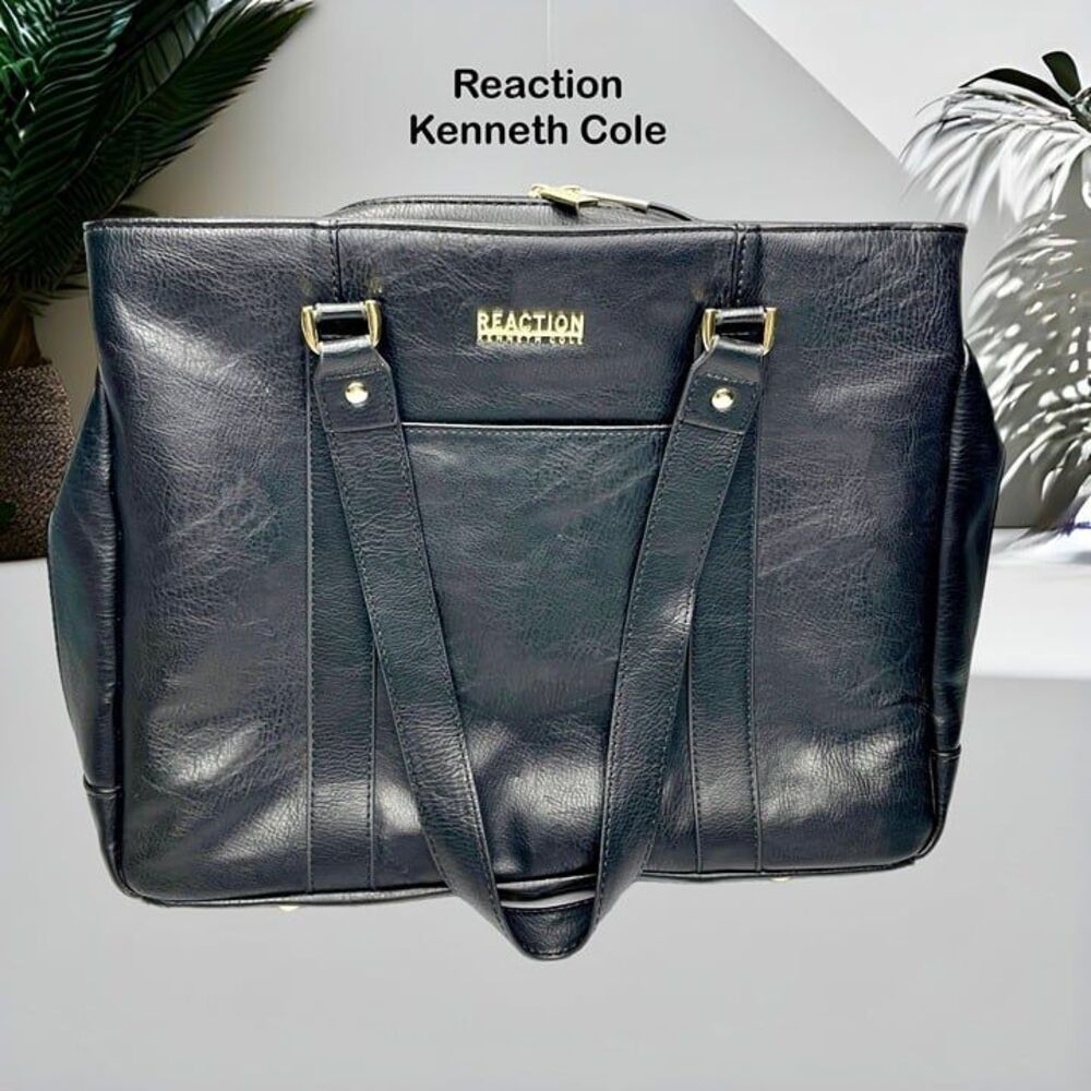 Reaction Kenneth Cole Black Faux Leather Double Gusset 16" Laptop Travel‎ Tote